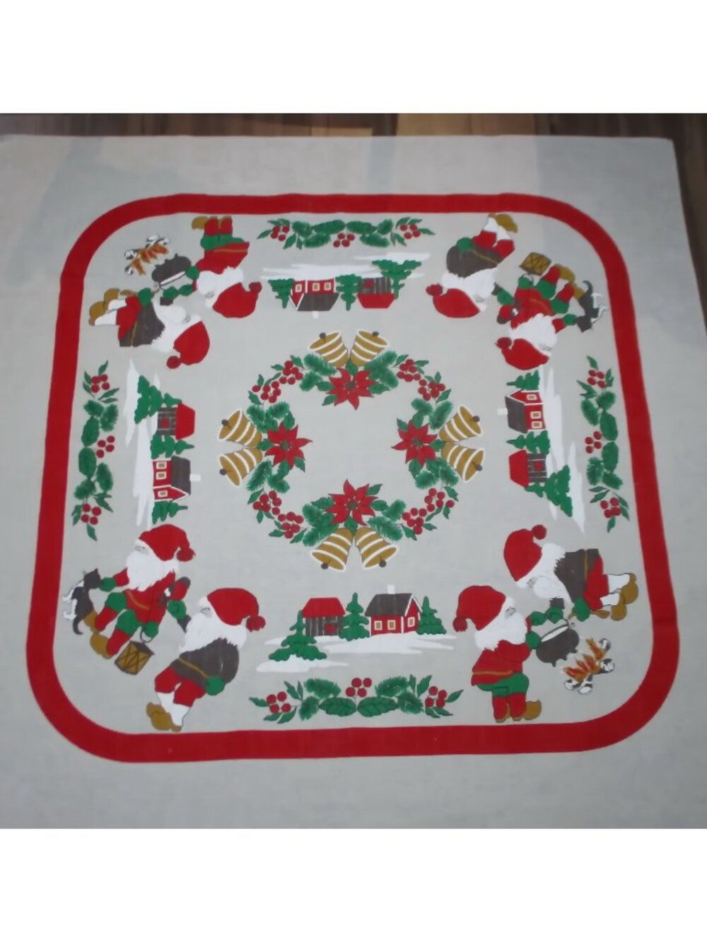 Vtg Christmas Tablecloth Elves Bells Poinsettias Linen, 23.5 in. Square - Picture 2 of 8
